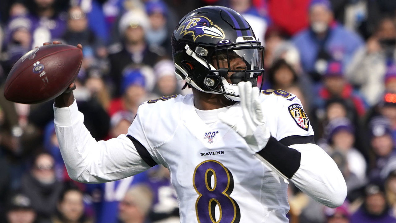 ORCHARD PARK, NY - DECEMBER 08: Baltimore Ravens Quarterback Lamar Jackson (8) throws the ball during the first half of the National Football League game between the Baltimore Ravens and the Buffalo Bills on December 8, 2019, at New Era Field in Orchard Park, NY.