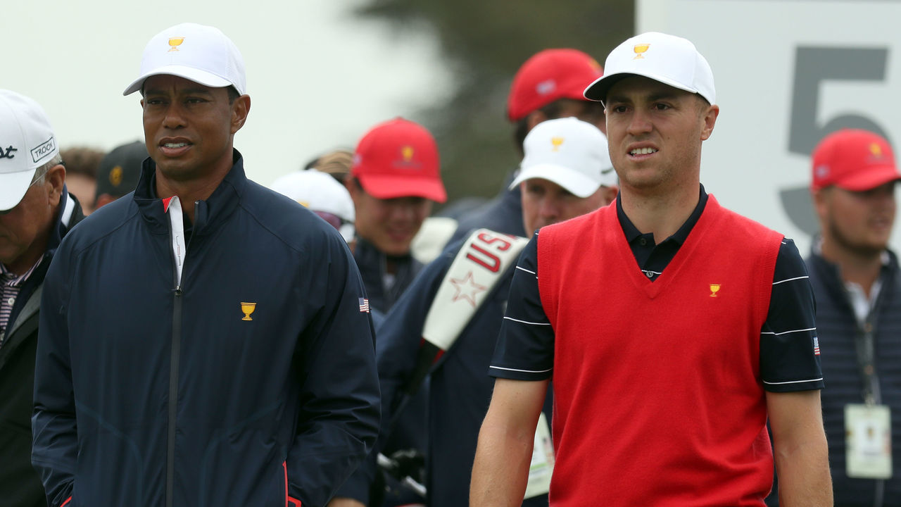 MELBOURNE, AUSTRALIA - DECEMBER 11: Playing Captain Tiger Woods of the United States team and Justin Thomas of the United States team walk practice ahead of the 2019 Presidents Cup at Royal Melbourne Golf Course on December 11, 2019 in Melbourne, Australia.