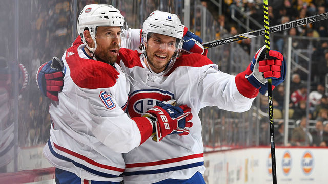 PITTSBURGH, PA - DECEMBER 10: Shea Weber #6 of the Montreal Canadiens celebrates his second period goal with Ben Chiarot #8 against the Pittsburgh Penguins at PPG PAINTS Arena on December 10, 2019 in Pittsburgh, Pennsylvania.