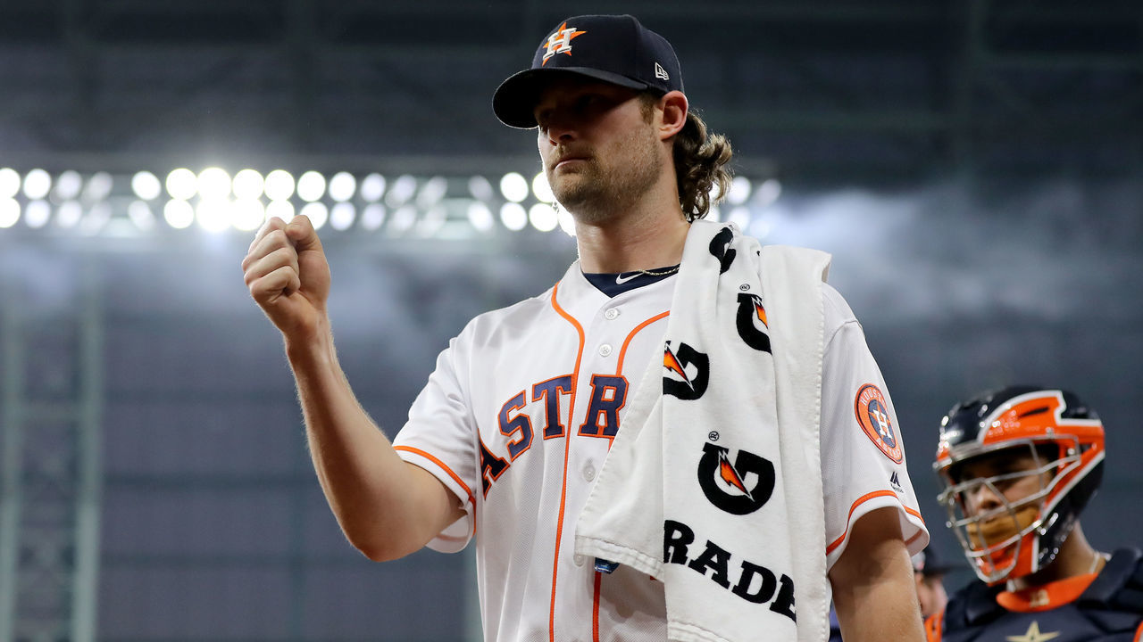 HOUSTON, TEXAS - OCTOBER 22: Gerrit Cole #45 of the Houston Astros prepares for Game One of the 2019 World Series against the Washington Nationals at Minute Maid Park on October 22, 2019 in Houston, Texas.