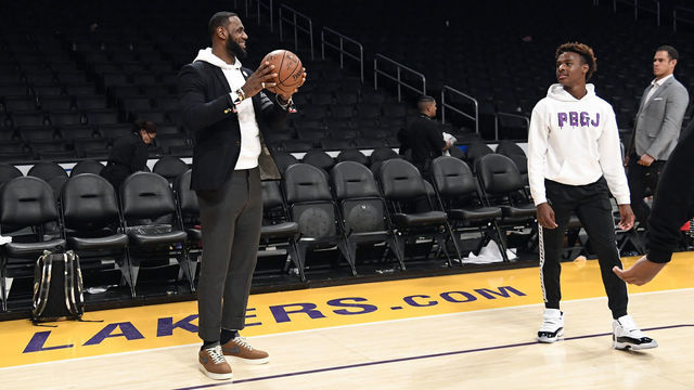 LOS ANGELES, CA - DECEMBER 28: LeBron James #23 of the Los Angeles Lakers and his son LeBron James Jr., on the court after the Los Angeles Clippers and Los Angeles Lakers basketball game at Staples Center on December 28, 2018 in Los Angeles, California.