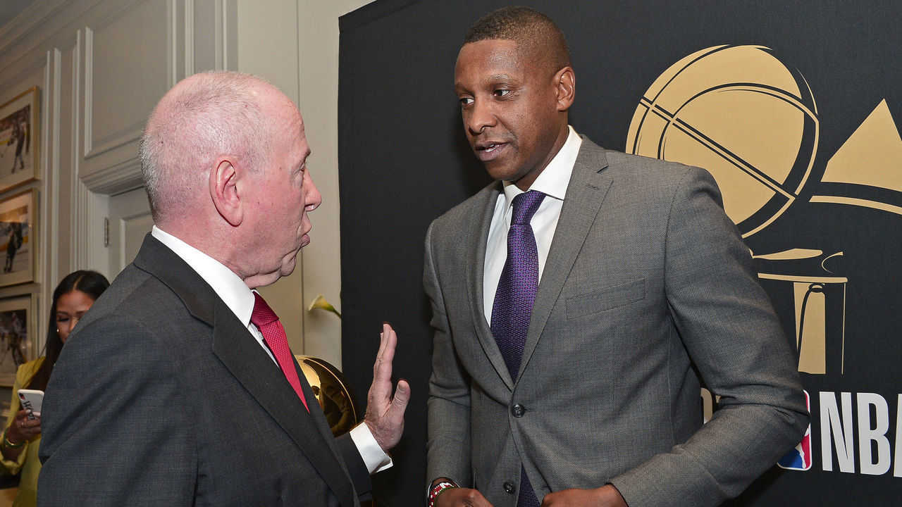 TORONTO, CANADA - OCTOBER 22: Chairmane MLSE, Larry Tanenbaum talks with President Masai Ujiri of the Toronto Raptors before the game against the New Orleans Pelicans on October 22, 2019 at the Scotiabank Arena in Toronto, Ontario, Canada. Mandatory Copyright Notice: Copyright 2019 NBAE