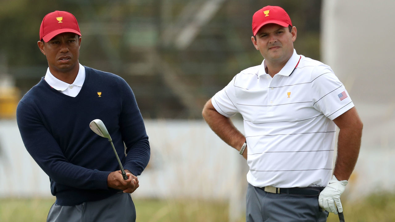 MELBOURNE, AUSTRALIA - DECEMBER 10: Playing Captain Tiger Woods of the United States team and Patrick Reed of the United States team practice ahead of the 2019 Presidents Cup at the Royal Melbourne Golf Course on December 10, 2019 in Melbourne, Australia.