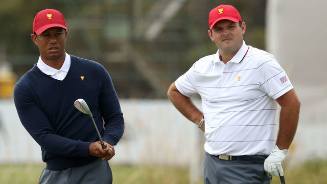 MELBOURNE, AUSTRALIA - DECEMBER 10: Playing Captain Tiger Woods of the United States team and Patrick Reed of the United States team practice ahead of the 2019 Presidents Cup at the Royal Melbourne Golf Course on December 10, 2019 in Melbourne, Australia.