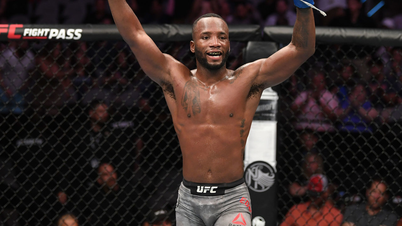 SAN ANTONIO, TEXAS - JULY 20: Leon Edwards of Jamaica reacts after finishing his fight against Rafael Dos Anjos of Brazil in their welterweight bout during the UFC Fight Night event at AT&T Center on July 20, 2019 in San Antonio, Texas.