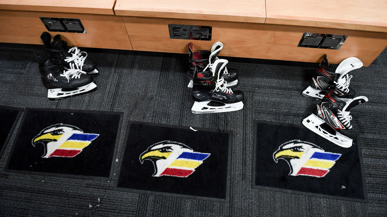 LOVELAND, CO - FEBRUARY 6: Colorado Eagles players' skates during practice on Wednesday, February 6, 2019.