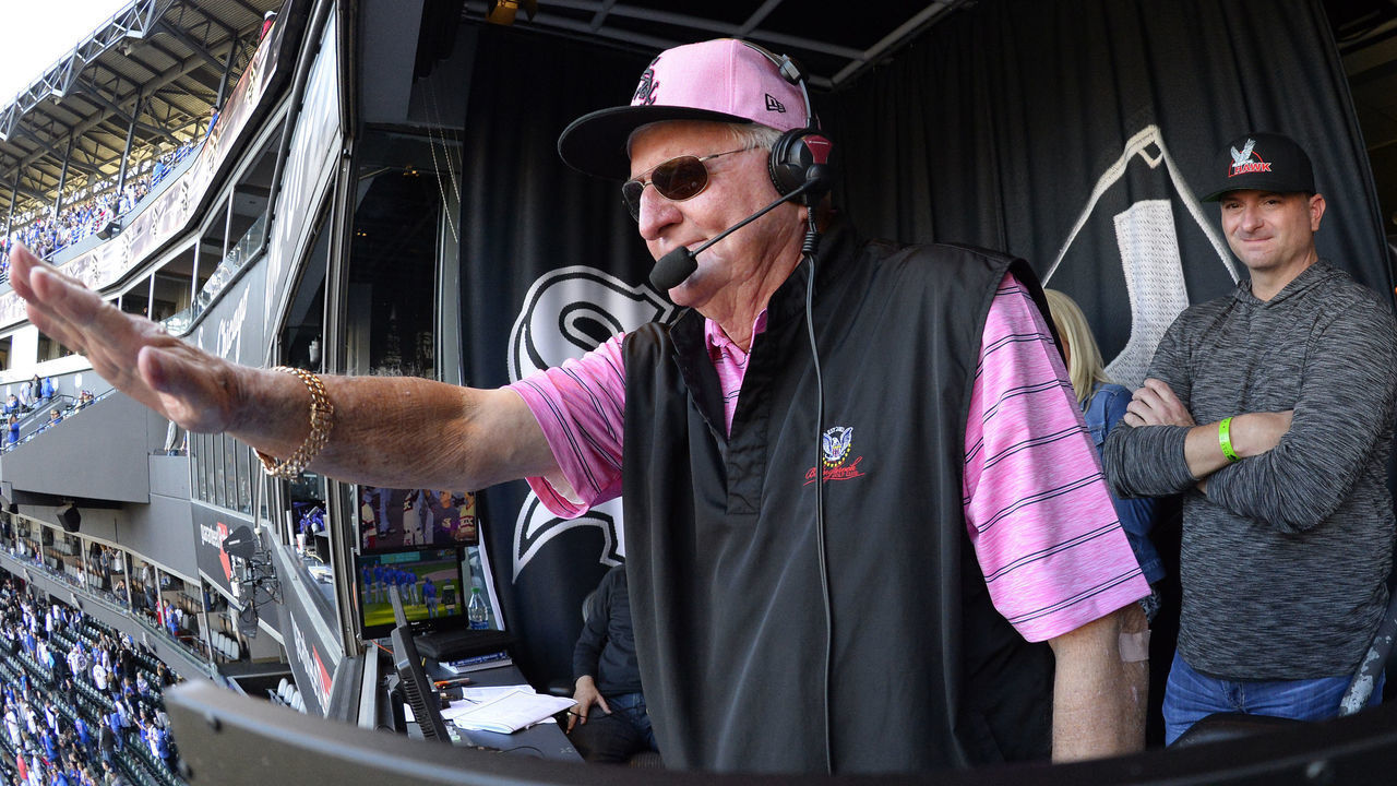 CHICAGO - SEPTEMBER 23: Chicago White Sox broadcaster Ken "Hawk" Harrelson acknowledges the Chicago White Sox players and staff on the field as he wrapped up his final game as the television play-by-play voice of the White Sox on September 23, 2018 at Guaranteed Rate Field in Chicago, Illinois. Harrelson began his career with the White Sox in 1982.