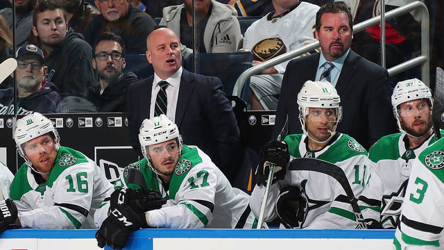 BUFFALO, NY - OCTOBER 14: Head coach Jim Montgomery of the Dallas Stars (left) watches the action during an NHL game against the Buffalo Sabres on October 14, 2019 at KeyBank Center in Buffalo, New York. Buffalo won, 4-0.