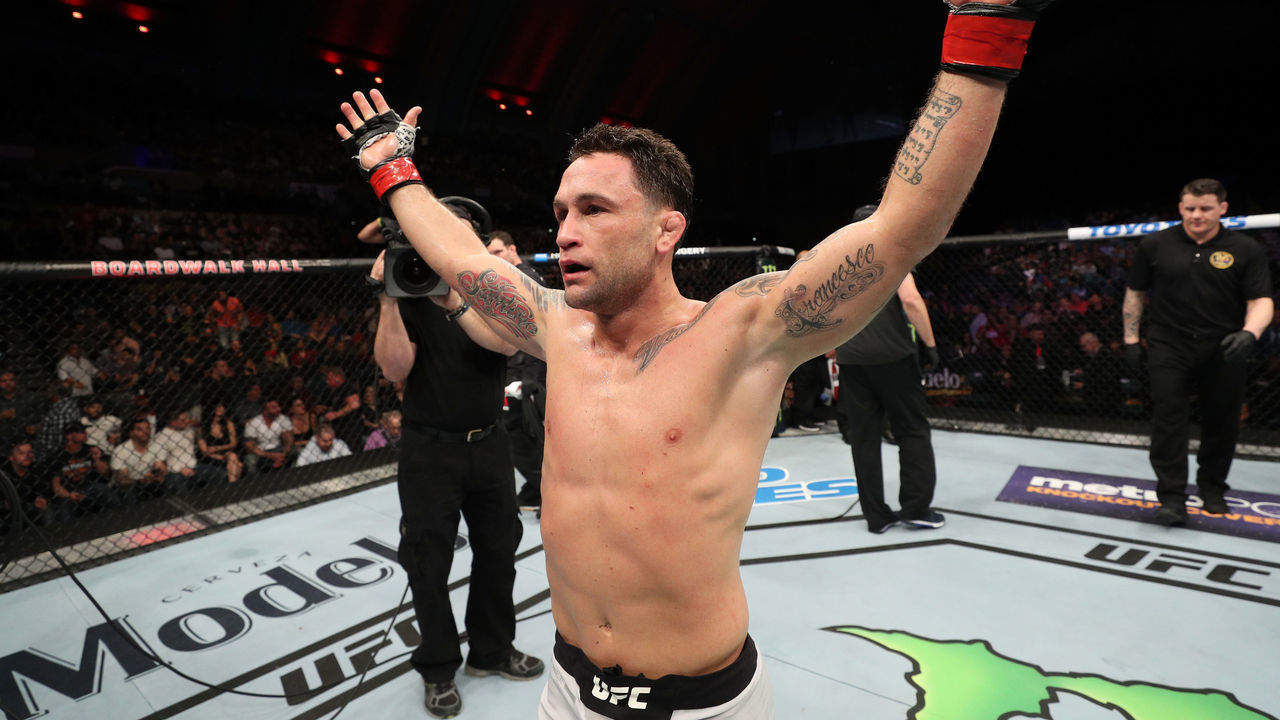 ATLANTIC CITY, NJ - APRIL 21: Frankie Edgar celebrates after his victory over Cub Swanson in their featherweight fight during the UFC Fight Night event at the Boardwalk Hall on April 21, 2018 in Atlantic City, New Jersey.
