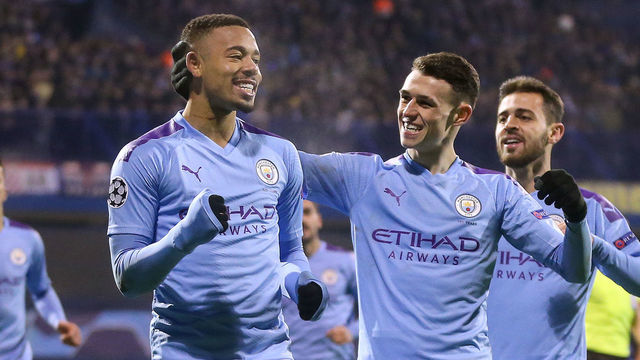 ZAGREB, CROATIA - DECEMBER 11: Gabriel Jesus and Phil Foden of Manchester City celebrate during the UEFA Champions League group C match between Dinamo Zagreb and Manchester City at Maksimir Stadium on December 11, 2019 in Zagreb, Croatia.