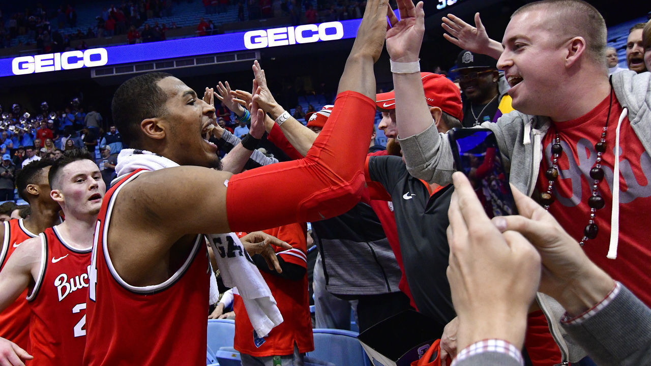 CHAPEL HILL, NORTH CAROLINA - DECEMBER 04: Kaleb Wesson #34 of the Ohio State Buckeyes celebrates with fans after their win against the North Carolina Tar Heels at the Dean Smith Center on December 04, 2019 in Chapel Hill, North Carolina. Ohio State won 74-49.