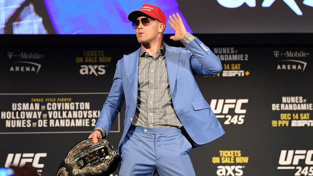 NEW YORK, NY - NOVEMBER 01: Colby Covington poses on stage during the UFC 245 press conference at the Hulu Theatre at Madison Square Garden on November 1, 2019 in New York, New York.