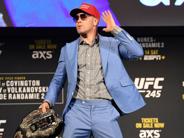 NEW YORK, NY - NOVEMBER 01: Colby Covington poses on stage during the UFC 245 press conference at the Hulu Theatre at Madison Square Garden on November 1, 2019 in New York, New York.
