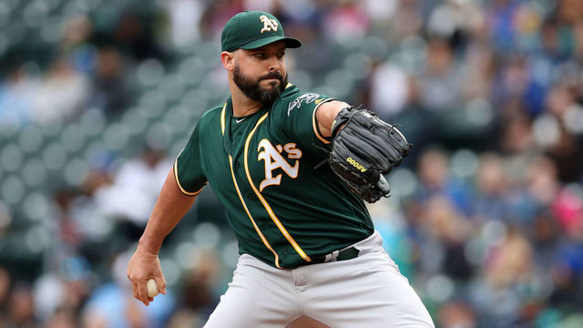 SEATTLE - September 29: Tanner Roark #60 of the Oakland Athletics pitches during the game against the Seattle Mariners at T-Mobile Park on September 29, 2019 in Seattle, Washington. The Mariners defeated the Athletics 3-1.