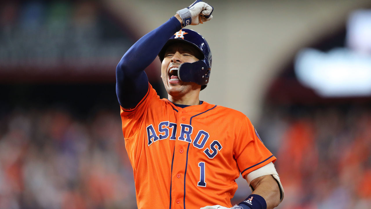 HOUSTON, TX - OCTOBER 30: Carlos Correa #1 of the Houston Astros celebrates after hitting an RBI single in the fifth inning during Game 7 of the 2019 World Series between the Washington Nationals and the Houston Astros at Minute Maid Park on Wednesday, October 30, 2019 in Houston, Texas.