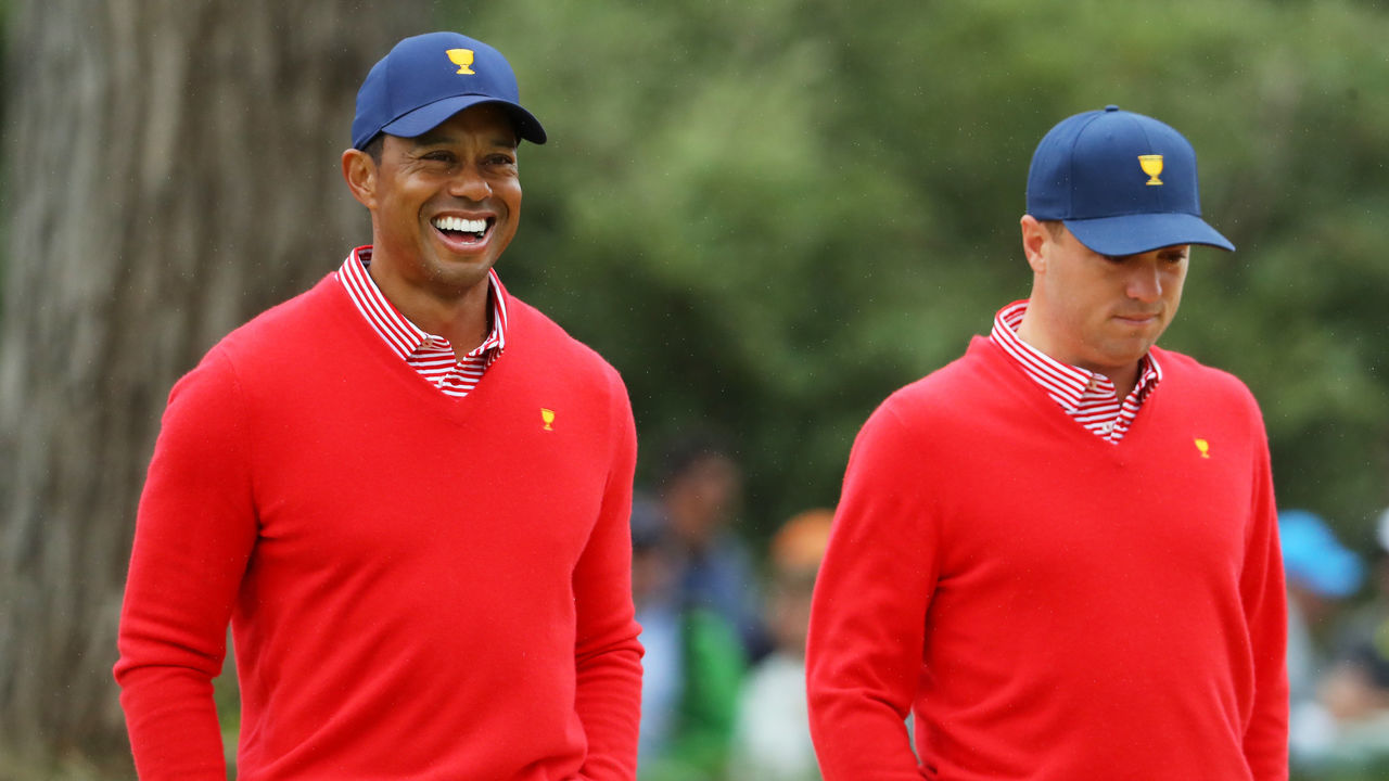 MELBOURNE, AUSTRALIA - DECEMBER 12: Playing Captain Tiger Woods of the United States team and Justin Thomas of the United States team look on during Thursday four-ball matches on day one of the 2019 Presidents Cup at Royal Melbourne Golf Course on December 12, 2019 in Melbourne, Australia.