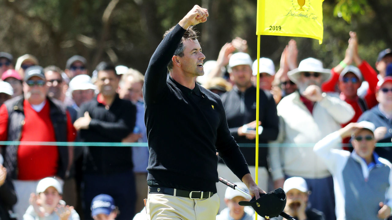 MELBOURNE, AUSTRALIA - DECEMBER 12: Adam Scott of Australia and the International team celebrates on the 17th green after he and Byeong-Hun An of South Korea and the International team defeated Bryson DeChambeau of the United States team and Tony Finau of the United States team 2&1 during Thursday four-ball matches on day one of the 2019 Presidents Cup at Royal Melbourne Golf Course on December 12, 2019 in Melbourne, Australia.