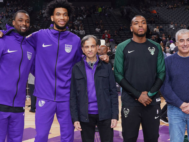SACRAMENTO, CA - FEBRUARY 27: Harrison Barnes #40, Marvin Bagley III #35 and owner Vivek Ranadive of the Sacramento Kings poses for a photo with Sterling Brown #23 and owner Marc Lasry of the Milwaukee Bucks on February 27, 2019 at Golden 1 Center in Sacramento, California. NOTE TO USER: User expressly acknowledges and agrees that, by downloading and or using this photograph, User is consenting to the terms and conditions of the Getty Images Agreement. Mandatory Copyright Notice: Copyright 2019 NBAE