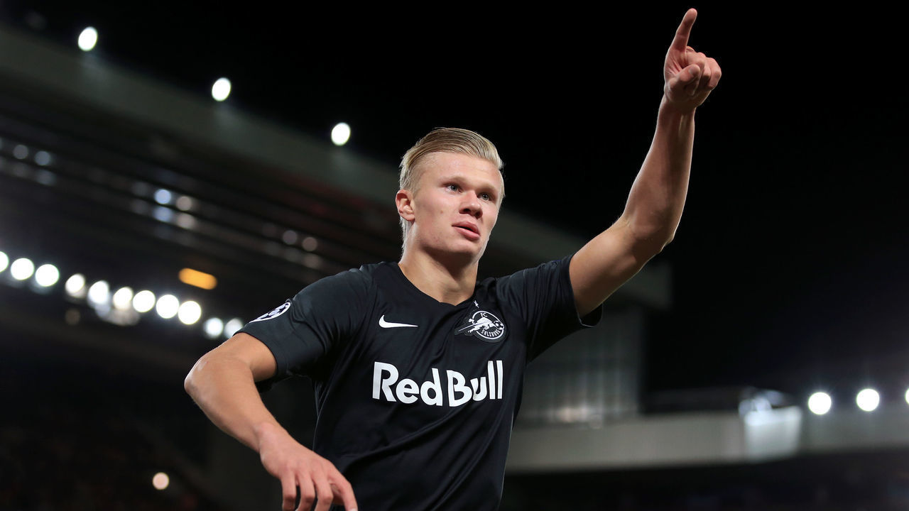 LIVERPOOL, ENGLAND - OCTOBER 02: Erling Haaland of Salzburg celebrates after scoring their 3rd goal during the UEFA Champions League group E match between Liverpool FC and RB Salzburg at Anfield on October 2, 2019 in Liverpool, United Kingdom.