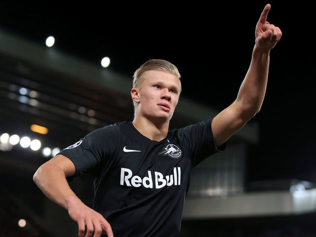 LIVERPOOL, ENGLAND - OCTOBER 02: Erling Haaland of Salzburg celebrates after scoring their 3rd goal during the UEFA Champions League group E match between Liverpool FC and RB Salzburg at Anfield on October 2, 2019 in Liverpool, United Kingdom.