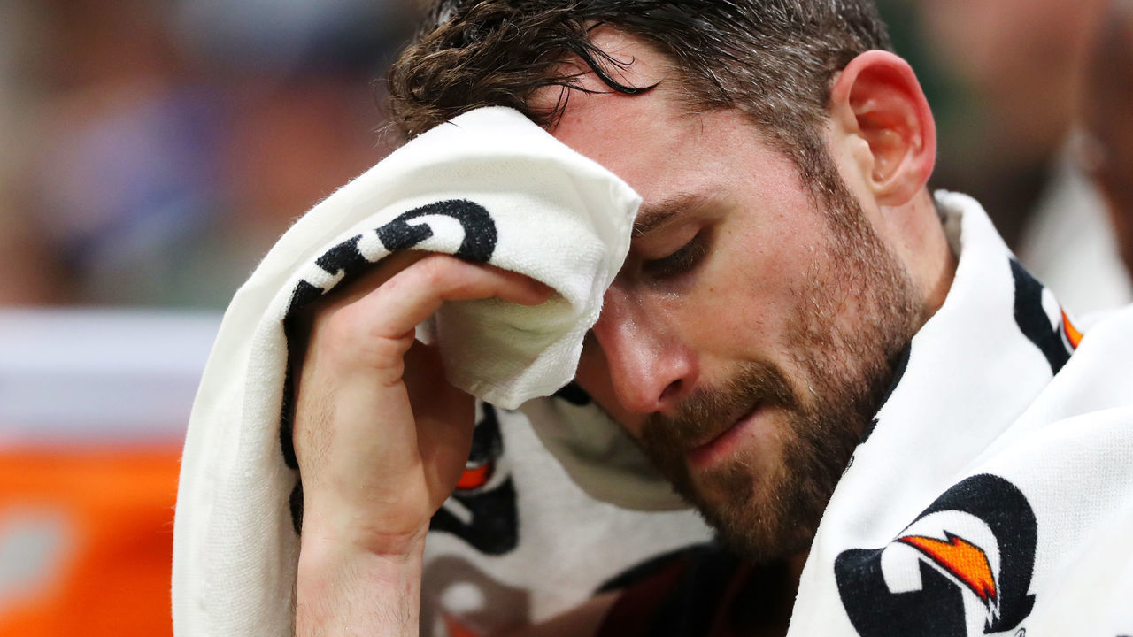 BOSTON, MASSACHUSETTS - DECEMBER 09: Kevin Love #0 of the Cleveland Cavaliers reacts on the bench during the second half of the game against the Boston Celtics at TD Garden on December 09, 2019 in Boston, Massachusetts. The Celtics defeat the Cavaliers 110-88.