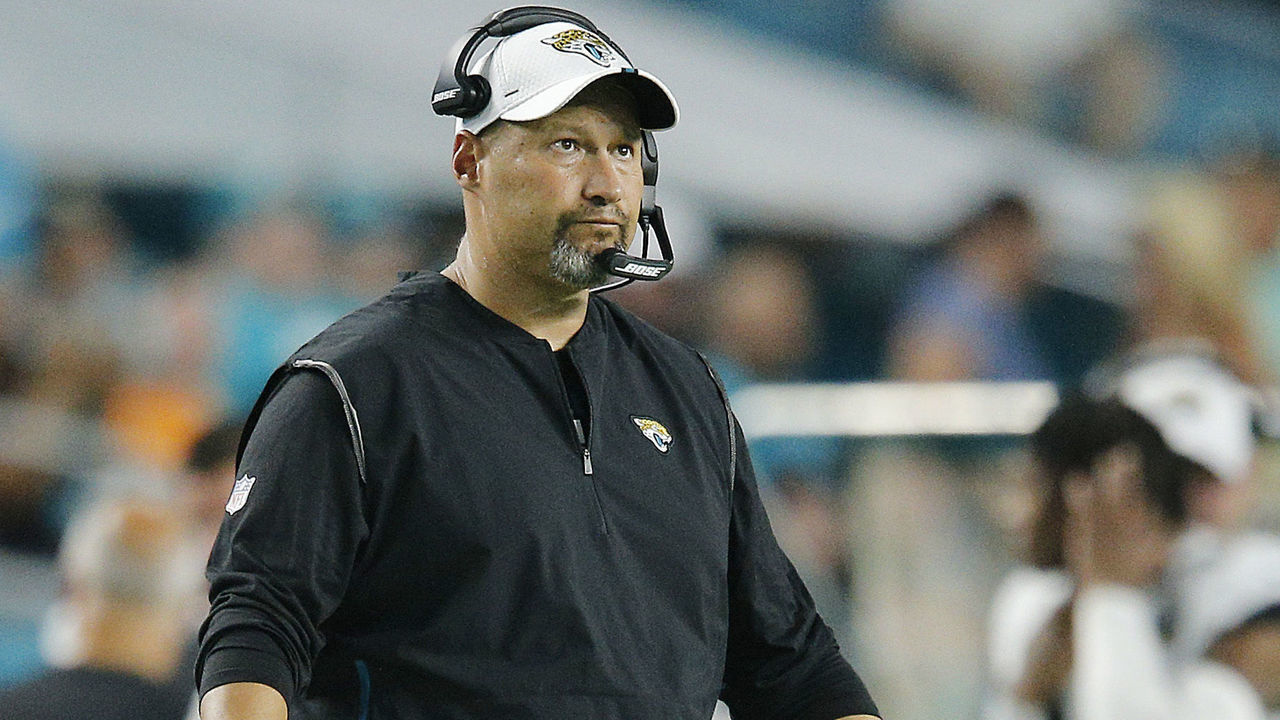 MIAMI, FLORIDA - AUGUST 22: Quarterbacks coach Scott Milanovich of the Jacksonville Jaguars looks on against the Miami Dolphins during the preseason game at Hard Rock Stadium on August 22, 2019 in Miami, Florida.