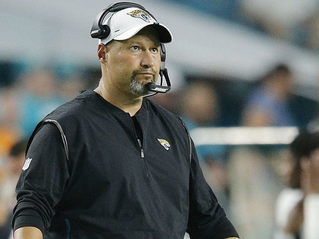 MIAMI, FLORIDA - AUGUST 22: Quarterbacks coach Scott Milanovich of the Jacksonville Jaguars looks on against the Miami Dolphins during the preseason game at Hard Rock Stadium on August 22, 2019 in Miami, Florida.