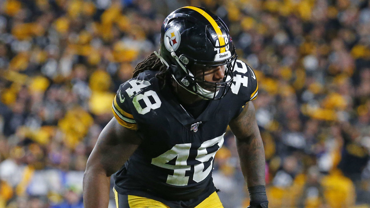 PITTSBURGH, PA - NOVEMBER 10: Bud Dupree #48 of the Pittsburgh Steelers in action against the Los Angeles Rams on November 10, 2019 at Heinz Field in Pittsburgh, Pennsylvania.
