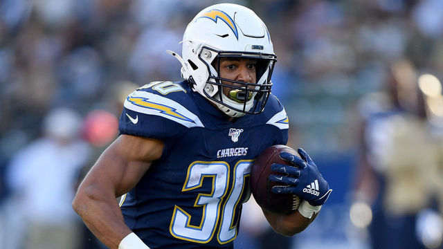 CARSON, CALIFORNIA - NOVEMBER 03: Austin Ekeler #30 of the Los Angeles Chargers carries the ball during a 26-11 Charger win over the Green Bay Packers at Dignity Health Sports Park on November 03, 2019 in Carson, California.
