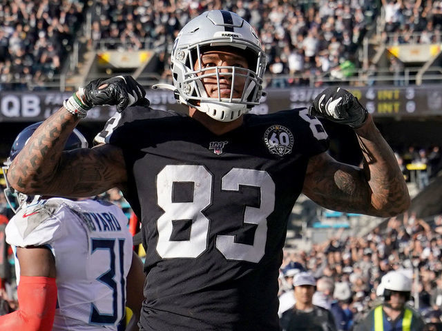 OAKLAND, CALIFORNIA - DECEMBER 08: Darren Waller #83 of the Oakland Raiders reacts after catching a pass and taking it to the two yard line against the Tennessee Titans during the first half of an NFL football game at RingCentral Coliseum on December 08, 2019 in Oakland, California.