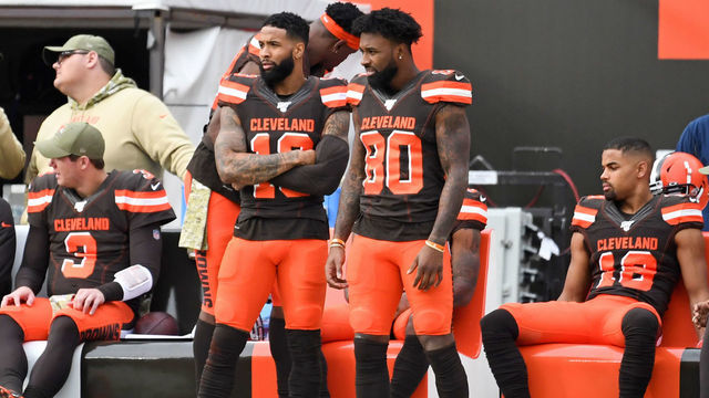 CLEVELAND, OH - NOVEMBER 10, 2019: Wide receivers Odell Beckham Jr. #13 and Jarvis Landry #80 of the Cleveland Browns watch the action from the sideline in the second quarter of a game against the Buffalo Bills on November 10, 2019 at FirstEnergy Stadium in Cleveland, Ohio. Cleveland won 19-16. (Photo by: 2019 Nick Cammett/Diamond Images via Getty Images)