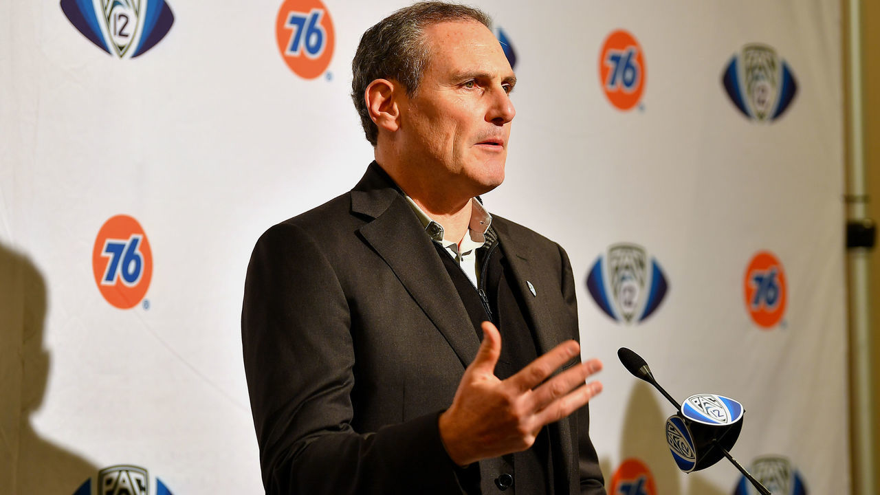 SANTA CLARA, CALIFORNIA - DECEMBER 06: Pac-12 Commissioner Larry Scott at the pre-game press conference before the Pac-12 Championship football game between the Oregon Ducks and the Utah Utes at Levi's Stadium on December 6, 2019 in Santa Clara, California. The Oregon Ducks won 37-15. (Alika Jenner/Getty Images)