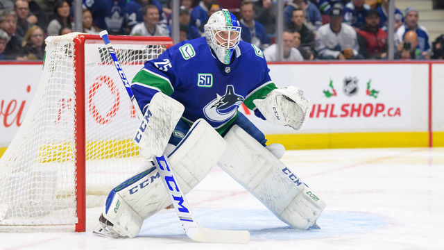 VANCOUVER, BC - DECEMBER 10: Vancouver Canucks Goaltender Jacob Markstrom (25) watches the play during their NHL game against the Toronto Maple Leafs at Rogers Arena on December 10, 2019 in Vancouver, British Columbia, Canada.