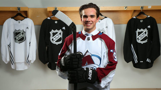 VANCOUVER, BRITISH COLUMBIA - JUNE 21: Alex Newhook, 16th overall pick of the Colorado Rockies, poses for a portrait during the first round of the 2019 NHL Draft at Rogers Arena on June 21, 2019 in Vancouver, Canada.