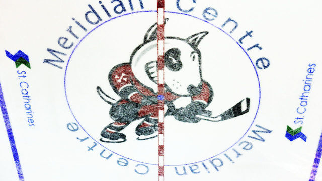ST CATHARINES, ON - OCTOBER 16: The Niagara Ice Dogs logo on the ice during an OHL game between the Belleville Bulls and the Niagara Ice Dogs at the Meridian Centre on October 16, 2014 in St Catharines, Ontario, Canada.