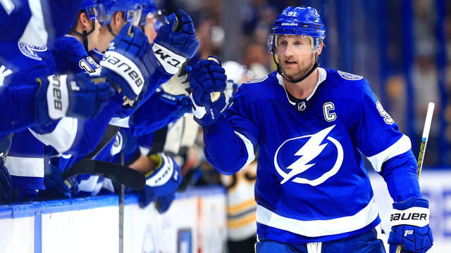 TAMPA, FLORIDA - DECEMBER 12: Steven Stamkos #91 of the Tampa Bay Lightning celebrates a goal during a game against the Boston Bruins at Amalie Arena on December 12, 2019 in Tampa, Florida.