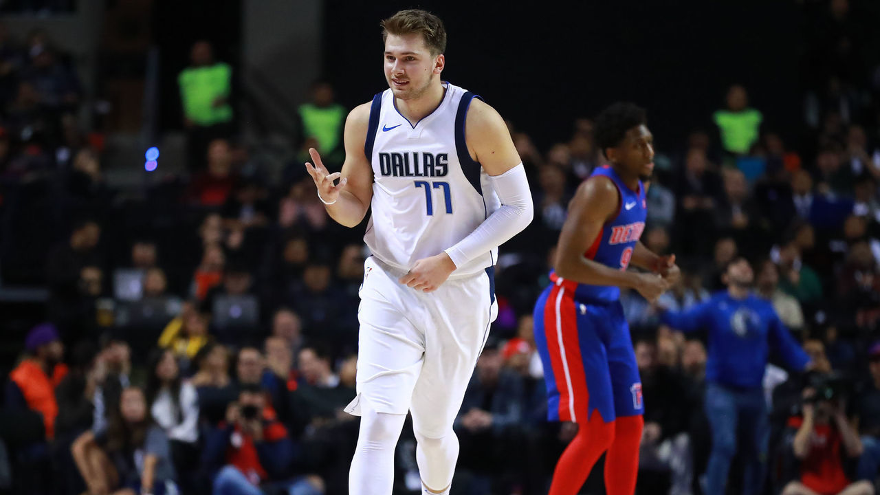 MEXICO CITY, MEXICO - DECEMBER 12: Luka Doncic #77 of the Dallas Mavericks celebrates after scoring a three point shot during a game between Dallas Mavericks and Detroit Pistons at Arena Ciudad de Mexico on December 12, 2019 in Mexico City, Mexico.