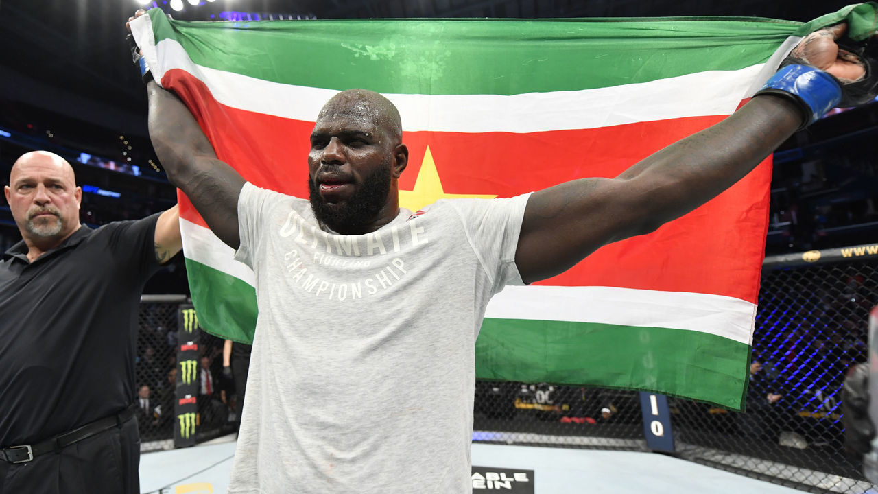 WASHINGTON, DC - DECEMBER 07: Jairzinho Rozenstruik of Suriname celebrates his KO victory over Alistair Overeem of Netherlands in their heavyweight bout during the UFC Fight Night event at Capital One Arena on December 07, 2019 in Washington, DC.