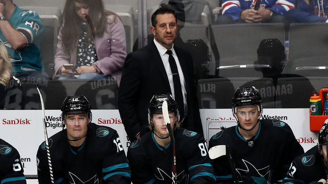 SAN JOSE, CALIFORNIA - DECEMBER 12: Interim head coach Bob Boughner of the San Jose Sharks watches his team play against the New York Rangers during his first game as interim coach at SAP Center on December 12, 2019 in San Jose, California.