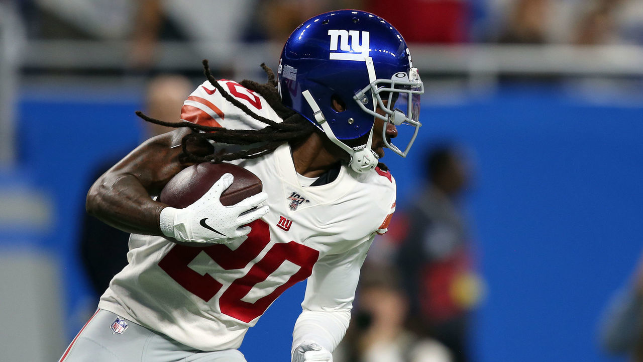 New York Giants cornerback Janoris Jenkins (20) carries the ball during the first half of an NFL football game against the Detroit Lions in Detroit, Michigan USA, on Sunday, October 27, 2019.