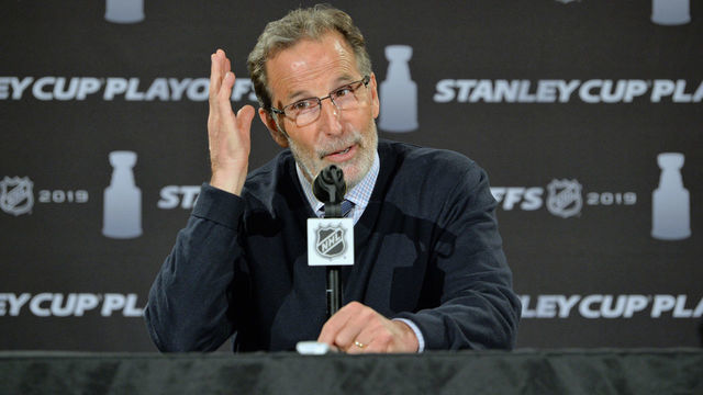 COLUMBUS, OH - APRIL 16: Head Coach John Tortorella of the Columbus Blue Jackets talks to the media after the Blue Jackets defeated the Tampa Bay Lighting 7-3 in Game Four of the Eastern Conference First Round during the 2019 NHL Stanley Cup Playoffs on April 16, 2019 at Nationwide Arena in Columbus, Ohio. Columbus defeated Tampa Bay 7-3 to win the series 4-0.