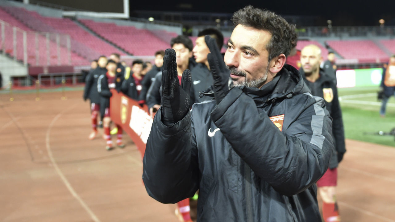 LANGFANG, CHINA - NOVEMBER 27: Ezequiel Lavezzi of Hebei China Fortune says goodbye to supporters after the 2019 Chinese Football Association Super League (CSL) 29th round match between Hebei China Fortune and Guangzhou Evergrande at Langfang Stadium on November 27, 2019 in Langfang, Hebei Province of China.