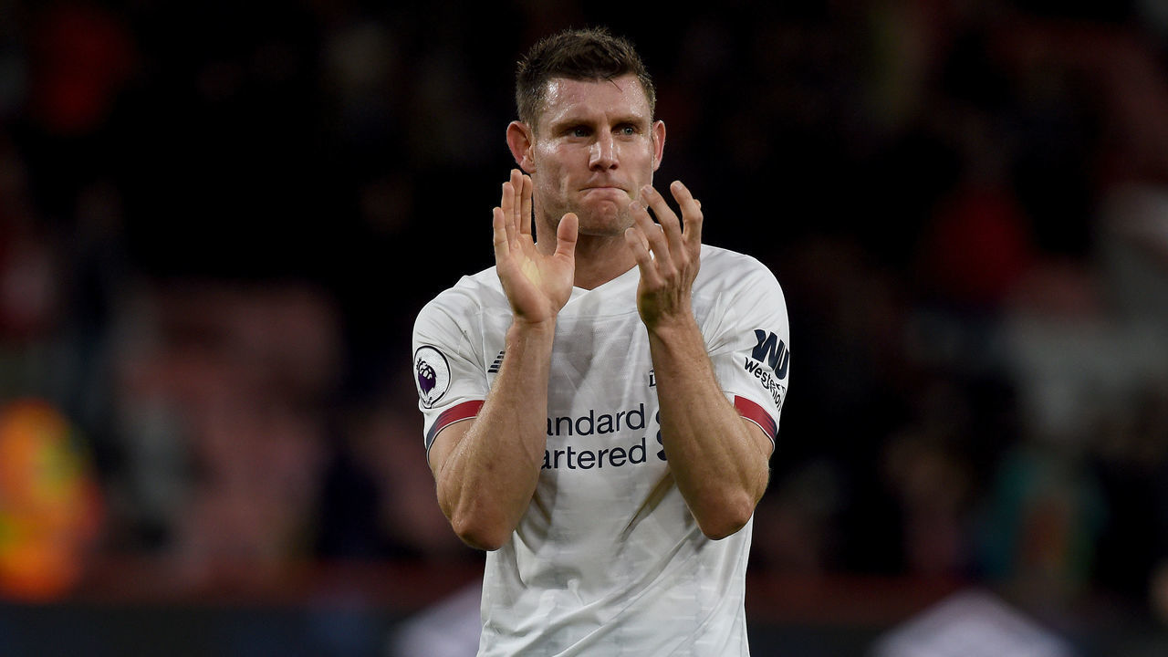 BOURNEMOUTH, ENGLAND - DECEMBER 07: (THE SUN OUT, THE SUN ON SUNDAY OUT) James Milner of Liverpool showing his appreciation to the fans at the end of the Premier League match between AFC Bournemouth and Liverpool FC at Vitality Stadium on December 07, 2019 in Bournemouth, United Kingdom.