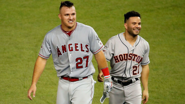 WASHINGTON, DC - JULY 17: Jose Altuve #27 of the Houston Astros and the American League and Mike Trout #27 of the Los Angeles Angels of Anaheim and the American League react in the fifth inning against the National League during the 89th MLB All-Star Game, presented by Mastercard at Nationals Park on July 17, 2018 in Washington, DC.