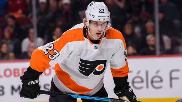 MONTREAL, QC - NOVEMBER 30: Oskar Lindblom (23) of the Philadelphia Flyers waits for play to begin during the third period of the NHL game between the Philadelphia Flyers and the Montreal Canadiens on November 30, 2019, at the Bell Centre in Montreal, QC