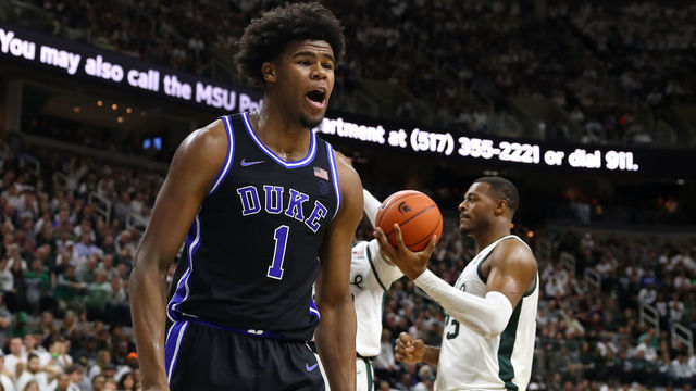 EAST LANSING, MICHIGAN - DECEMBER 03: Vernon Carey Jr. #1 of the Duke Blue Devils reacts after a second half basket against the Michigan State Spartans at Breslin Center on December 03, 2019 in East Lansing, Michigan. Duke won the game 87-75.