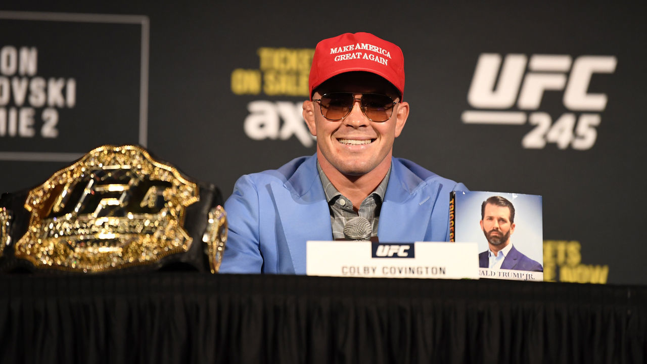 NEW YORK, NY - NOVEMBER 01: Colby Covington interacts with media during the UFC 245 press conference at the Hulu Theatre at Madison Square Garden on November 1, 2019 in New York, New York.