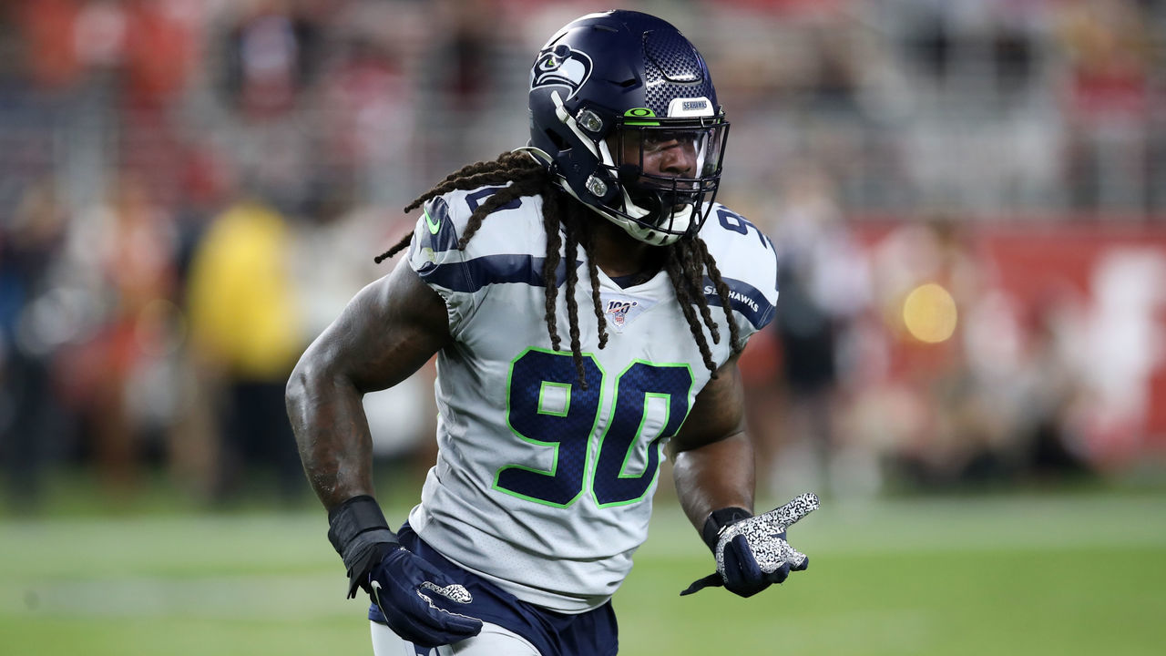 SANTA CLARA, CA - NOVEMBER 11: Jadeveon Clowney #90 of the Seattle Seahawks looks on during the game against the San Francisco 49ers at Levi's Stadium on November 11, 2019 in Santa Clara, California. The Seahawks defeated the 49ers 27-24.
