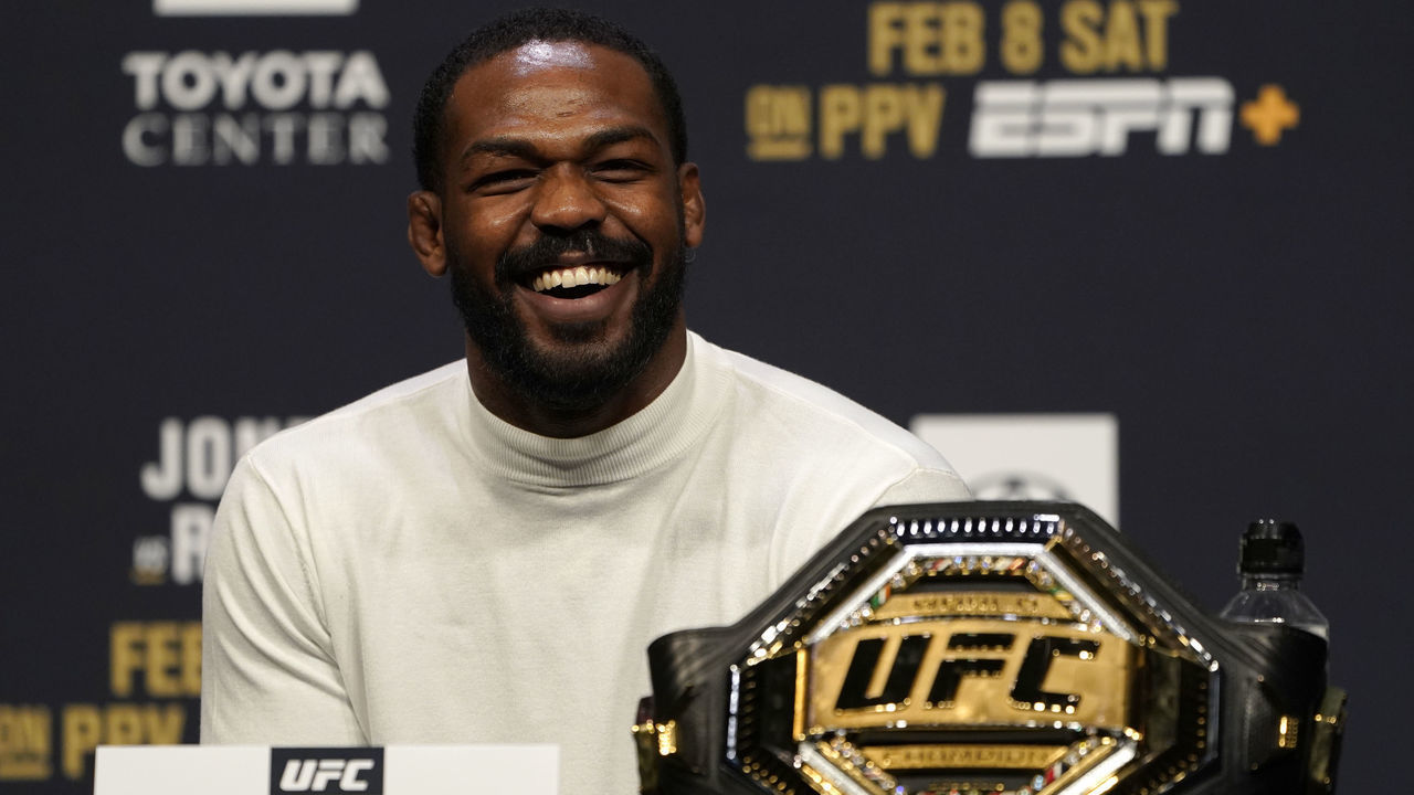 LAS VEGAS, NEVADA - DECEMBER 13: UFC light heavyweight champion Jon Jones interacts with media during the UFC 247 press conference at T-Mobile Arena on December 13, 2019 in Las Vegas, Nevada.