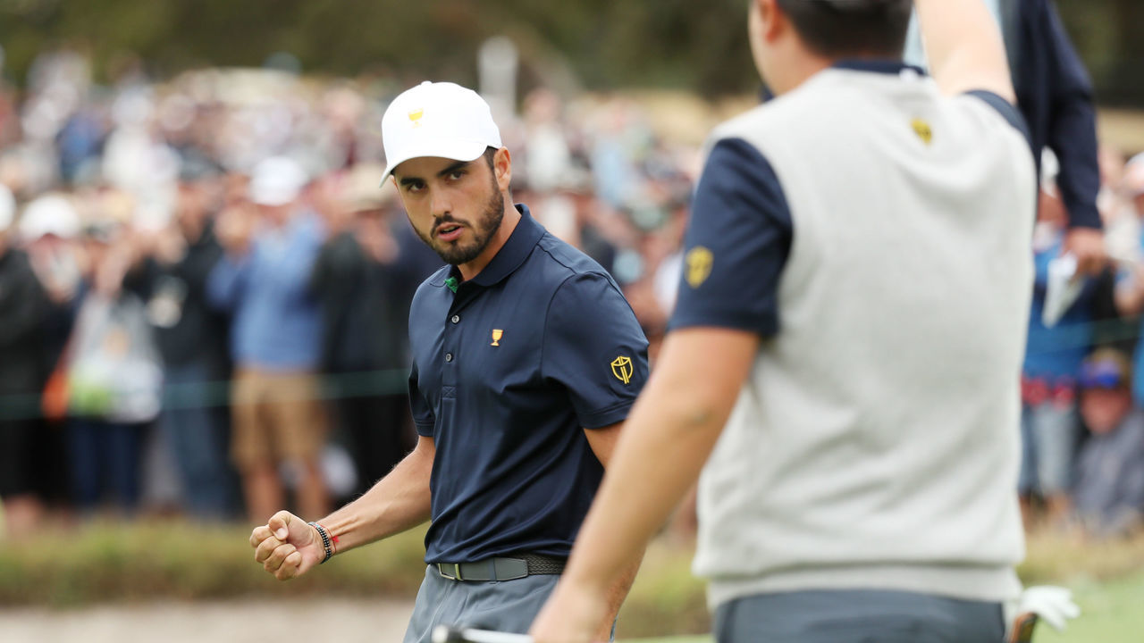 MELBOURNE, AUSTRALIA - DECEMBER 14: Abraham Ancer of Mexico and the International team and Sungjae Im of South Korea and the International team celebrate defeating Xander Schauffele of the United States team and Patrick Cantlay of the United States team 3&2 during Saturday four-ball matches on day three of the 2019 Presidents Cup at Royal Melbourne Golf Course on December 14, 2019 in Melbourne, Australia.